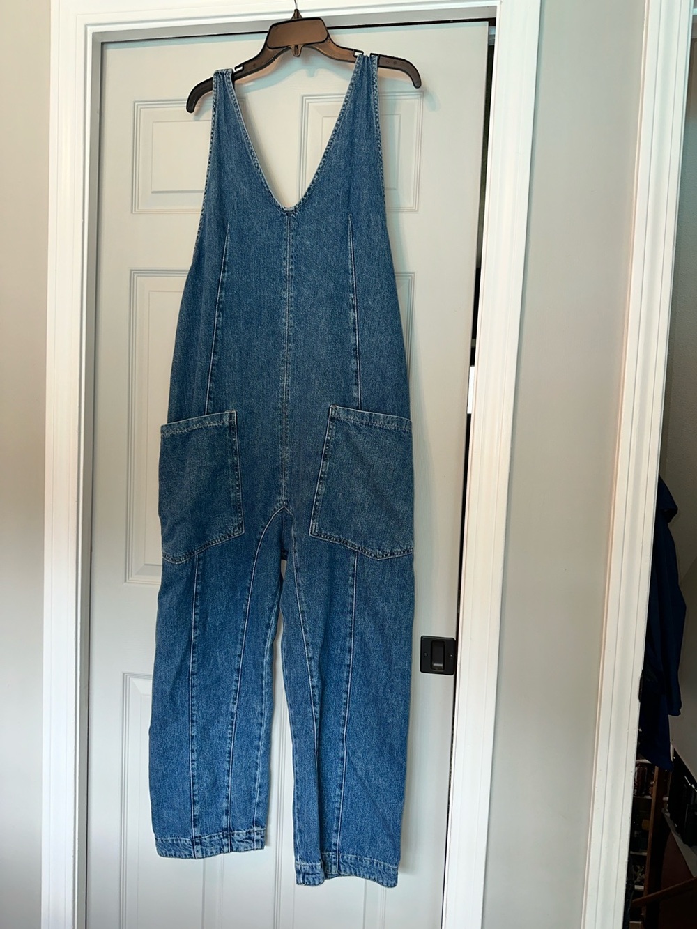 Free People Washed Blue Denim Pocket Overalls Jumpsuit